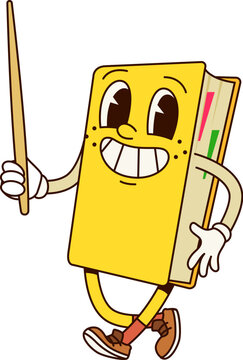 Book groovy character with pointer stick. Isolated cartoon vector textbook. Cute yellow notebook or diary teacher or tutor, educational personage happily explain lesson, information or presentation