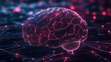 Abstract visualization of a brain with glowing connections in dark space depicting neural activity and data flow