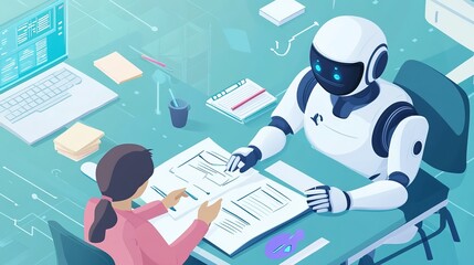 A robot assists a student with educational materials in a modern classroom environment during a productive learning session