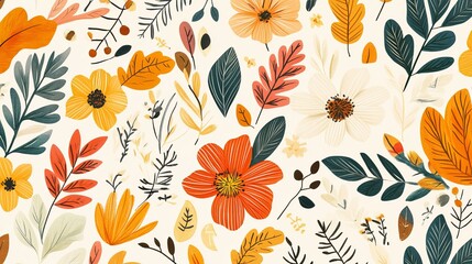 Fototapeta premium Leafy autumn pattern with hand-drawn flowers and plants in a seamless design for modern fall decor.