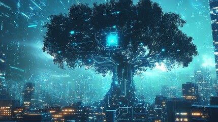 Digital representation of a human head with a glowing brain amidst lush green foliage in a tranquil forest setting