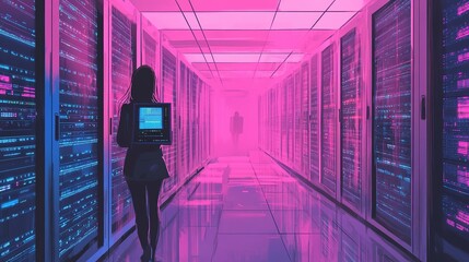 Fototapeta premium A person walking through a brightly lit data center with rows of server racks in an advanced technology environment during nighttime