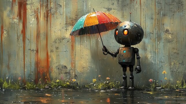 a whimsical robot holds a colorful umbrella while being drenched in the rain depicted in an ink drawing style that captures the charm and humor of technology interacting with nature
