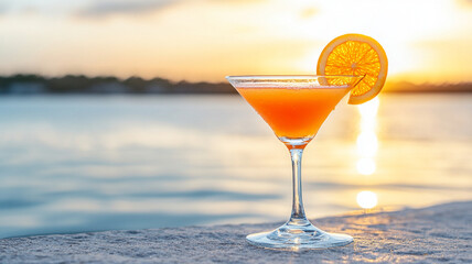vibrant cocktail glass with slice of orange sits elegantly by water, capturing warm glow of sunset. refreshing drink evokes sense of relaxation and enjoyment