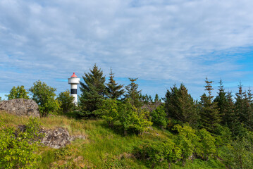 Landscape on Glapen hill with Glapen Fyr lighthouse, in background Vestfjord. Sorvagen in Lofoten district of Norway