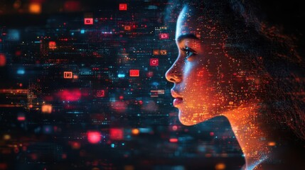 a woman immersed in her digital life surrounded by floating icons representing social media data streams and vibrant screens embodying the essence of the modern online world