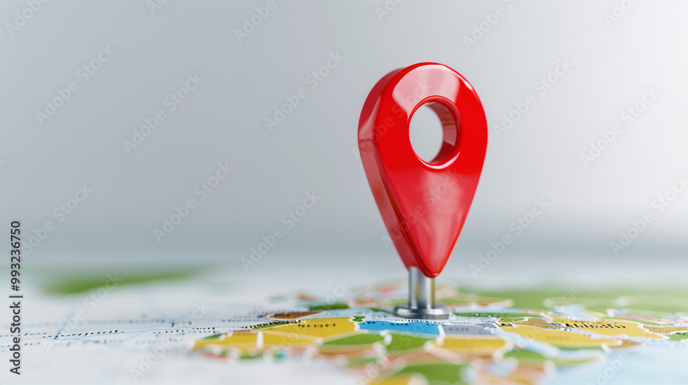 Poster map pin location marker in focus on a geographical map showcasing navigation and travel concepts