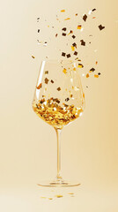 Gold glittering confetti exploding from champagne glass on light background, copy space, party invitation. Generative AI