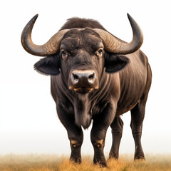 Naklejka premium Majestic Buffalo Standing On Grassy Field With Large Curved Horns In The Wild