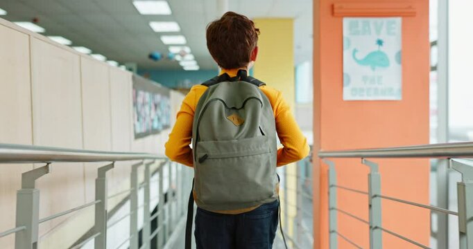 Back, child and backpack in walking, corridor and teenager for classroom, lesson or recess at campus or academy. Pupil, boy and growth for education, development and scholarship in learning or school