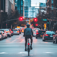 Urban cyclist riding through busy city streets - urban commuting and sustainable transportation concept