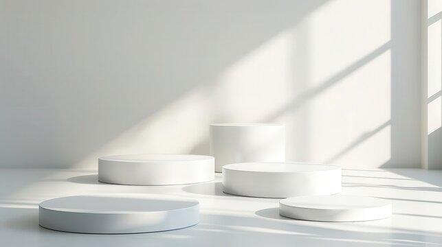 Cylindrical white podiums arranged in a minimalist studio, soft shadows and smooth textures, ideal for high-end product displays