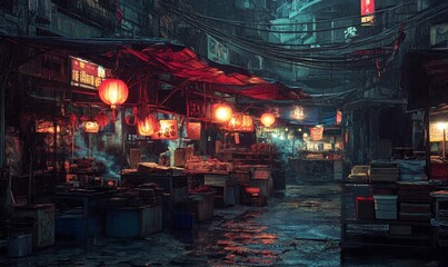 A wet, narrow street market in Asia.