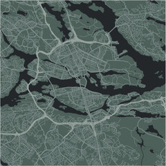 Map of Stockholm in Sweden in a smooth dark style. Contains layered vector with roads water, parks, etc.