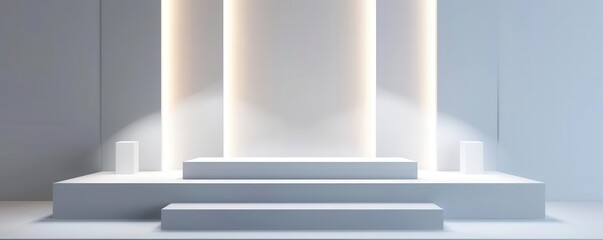 Minimalist white podium setup with clean lines, soft lighting, perfect for modern product photography, ultra-realistic