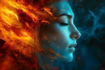 A surreal portrait of a woman blending fire and ice elements, symbolizing the balance between passion and serenity in a visually striking composition