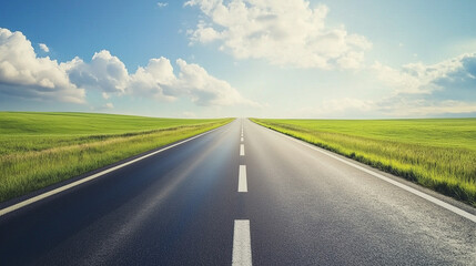 Fototapeta premium Wide road into distance, flanked by green fields and blue sky. High-definition, horizontal composition. Serene beauty.