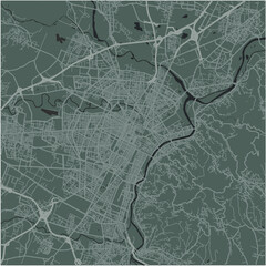 Map of Turin in Italy in a smooth dark style. Contains layered vector with roads water, parks, etc.