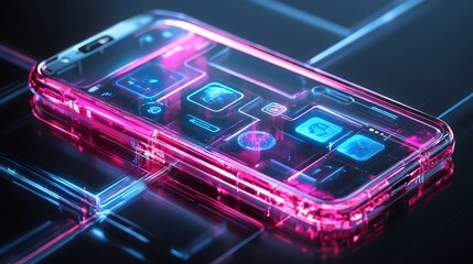 A transparent smartphone with glowing icons on the screen, depicting the user interface of a mobile device.