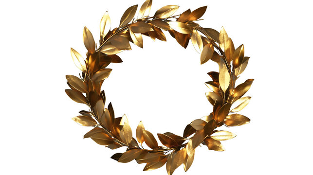 Creative detailed golden laurel wreath transparent PNG in a circular shape with a metallic finish. Perfect for awards, certificates, or celebratory designs with easy use on backgrounds. Generative AI.