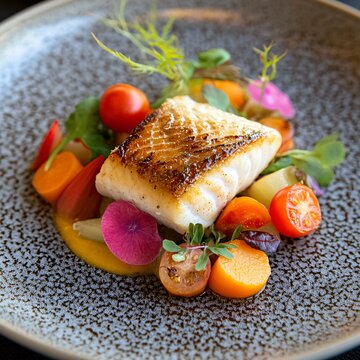 A beautifully plated dish featuring crispy fish with vibrant vegetables, creating a colorful and appetizing presentation.