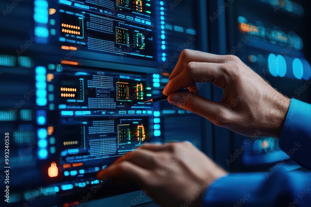 Poster close-up of a hand adjusting data on a server with illuminated screens, showcasing technical experti