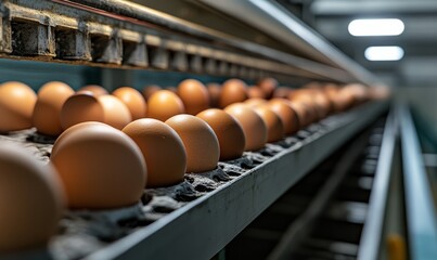 Eggs on conveyor belt in factory.