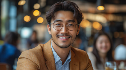 A man wearing glasses and a brown jacket is smiling at the camera
