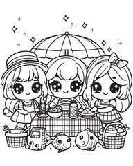 Kid coloring page group of cute girl 