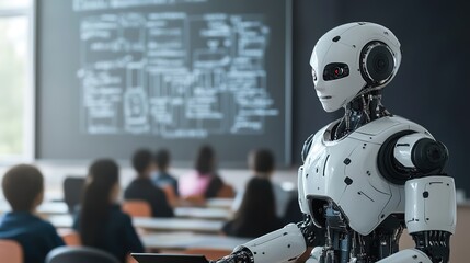 Obraz premium A humanoid robot teaching students in a modern classroom setting with digital screens displaying educational content