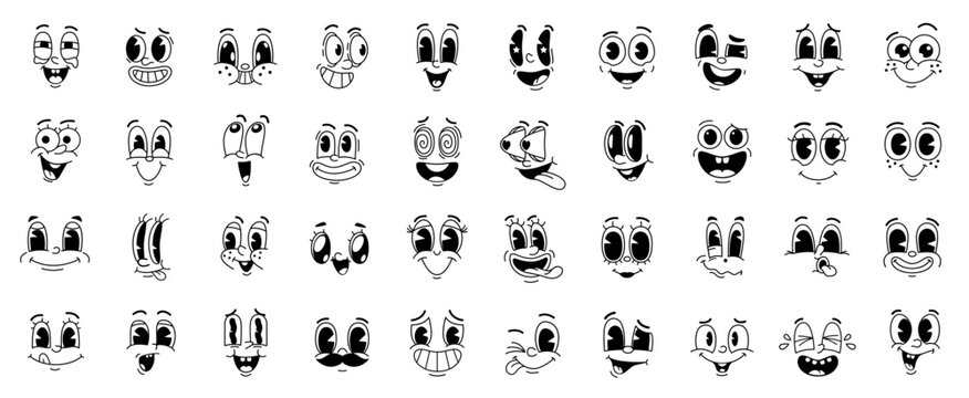 Cartoon funny comic groovy face emotion and retro cute emoji characters. Happy smiling faces of vintage animation vector personages with quirky eyes and mouths, hearts, teasing tongues and mustache