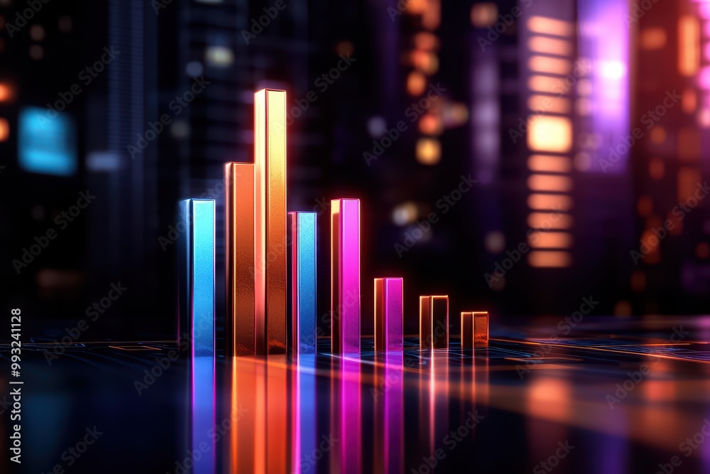 Poster colorful 3d bar graph representing data metrics in a modern digital cityscape.