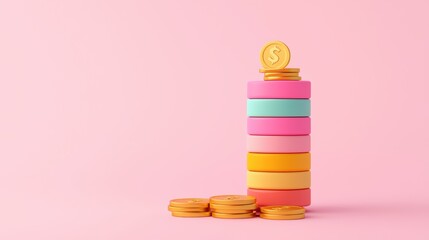Colorful coins stacked with a single dollar coin atop, against a soft pink background.
