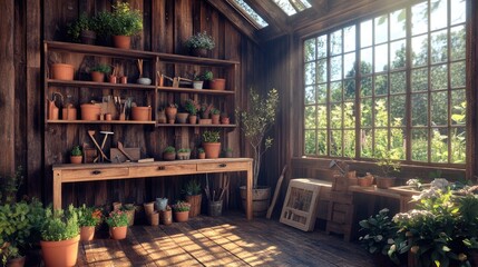 Fototapeta premium A picturesque farmhouse garden shed with rustic wooden walls