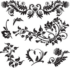Floral vector ornaments luxury set with various types of flowers, leaves and swirls, made in traditional Japanese and Chinese styles. Exquisite wedding decorations, vinyl and laser ready. Heart shape.
