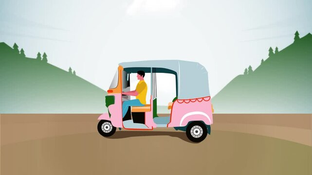 animation of a auto driver, driving his three-wheeler auto