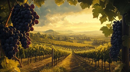 Naklejka premium Golden sunset illuminates a peaceful vineyard with ripe grapes ready for harvest in the countryside landscape