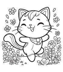Children coloring page cute cat dance with flower 
