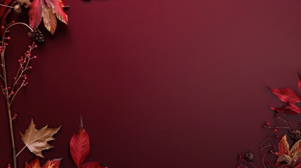 Fall-themed banner, deep burgundy background, thin twig with leaves, large space for text. 