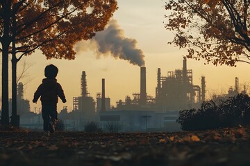 A child playing in a park overlooking a polluting industrial factory at sunset