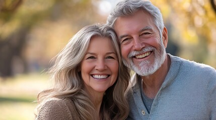 Naklejka premium Joyful couple smiling together during a sunny autumn day in a serene park setting filled with vibrant foliage