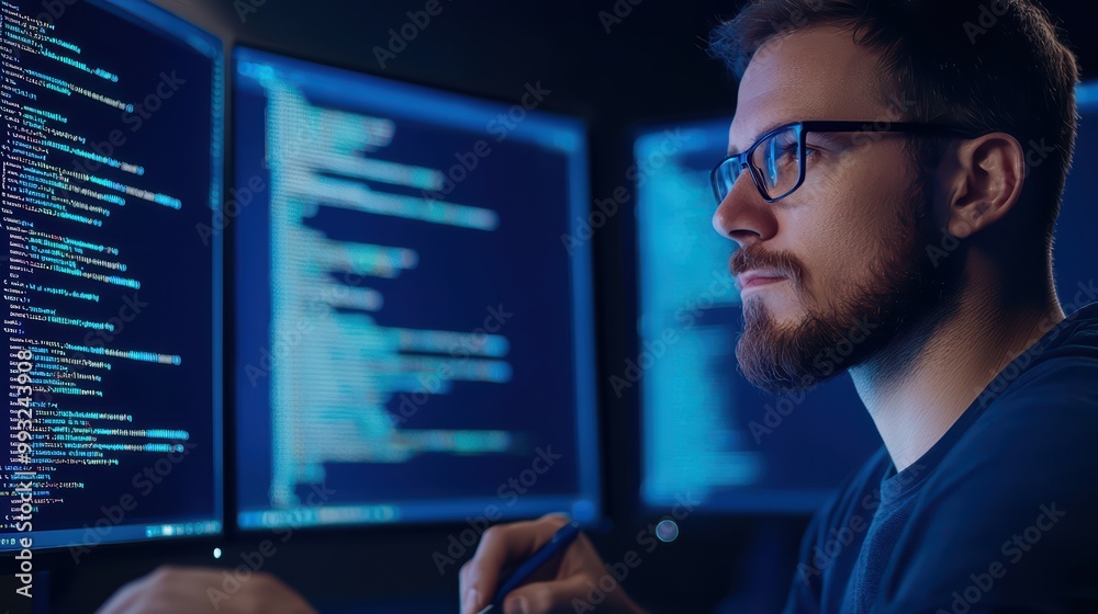 Poster focused programmer analyzing code on dual screens in a dark workspace.