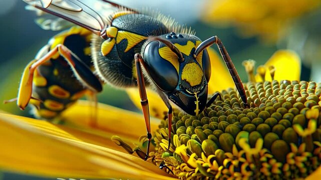 A yellowjacket wasp gathers nectar from a vibrant yellow flower on a sunny summer day