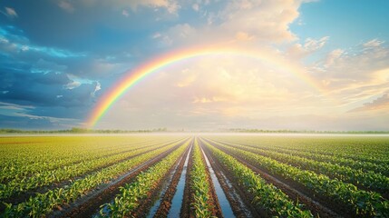 Obraz premium A modern irrigation system watering a large field of crops, with rainbows forming in the mist