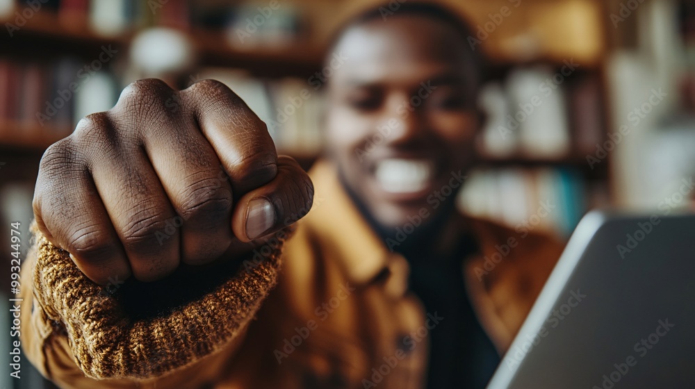 Aufkleber A close-up of a person fist-pumping in excitement after solving a word puzzle on their laptop while sitting at a desk Large space for text in center Stock Photo with copy space