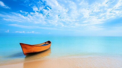 Naklejka premium Wooden Rowboat on Tranquil Turquoise Coastal Waters under Sunny Skies