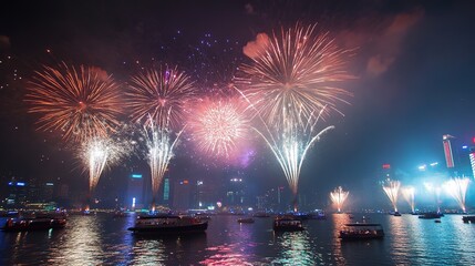 A young child watches colorful fireworks light up the night sky over a calm lake during a summer celebration