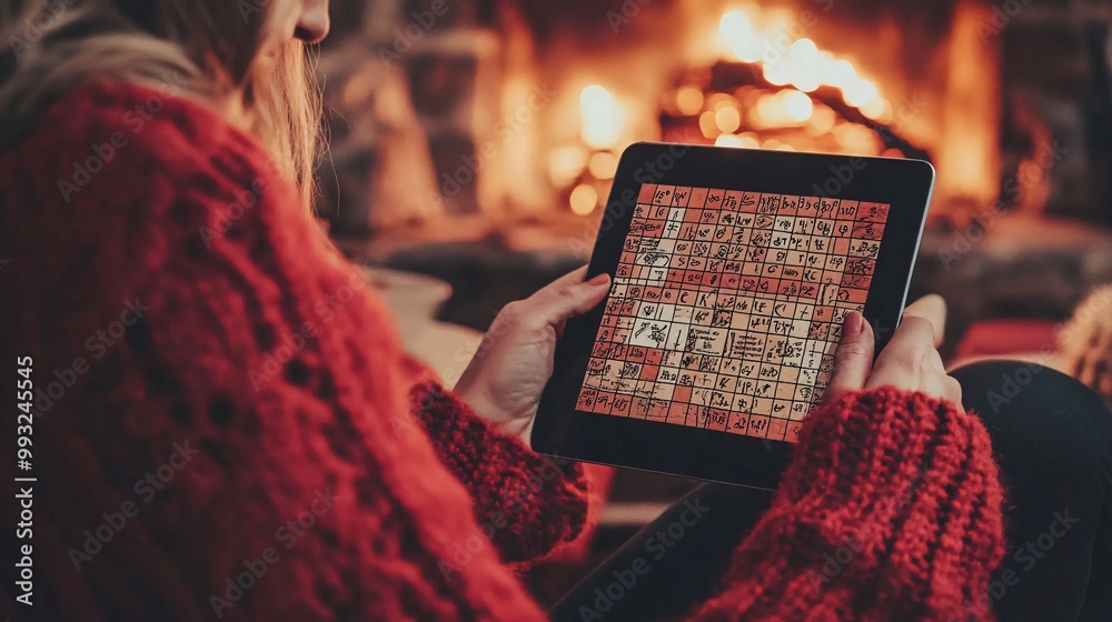 Poster a person enjoying their morning coffee while playing a word puzzle game on their tablet in their coz