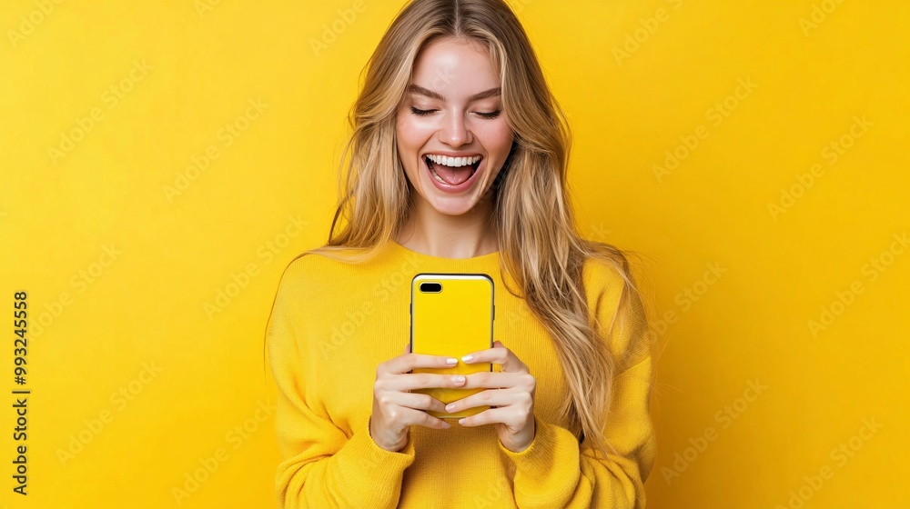 Poster A person jumping in excitement while looking at their smartphone after winning a word puzzle game showing their victory Large space for text in center Stock Photo with copy space