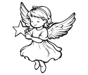 Angel with wings, Cute fairy, Angle wings line art vector